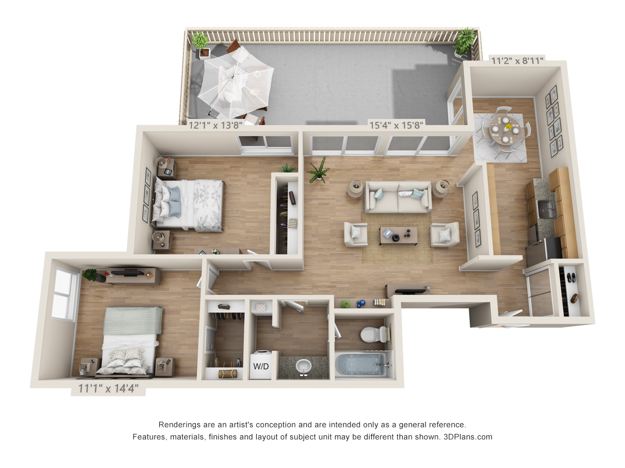 Floor plan for 2 beds, 1 bath, 1050 sqft